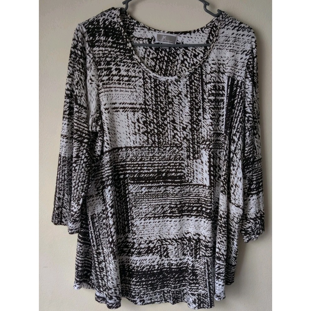 JM Collection Women's Plus Black/ White/Gold Grid Print 3/4 Sleeve Top Size 0X